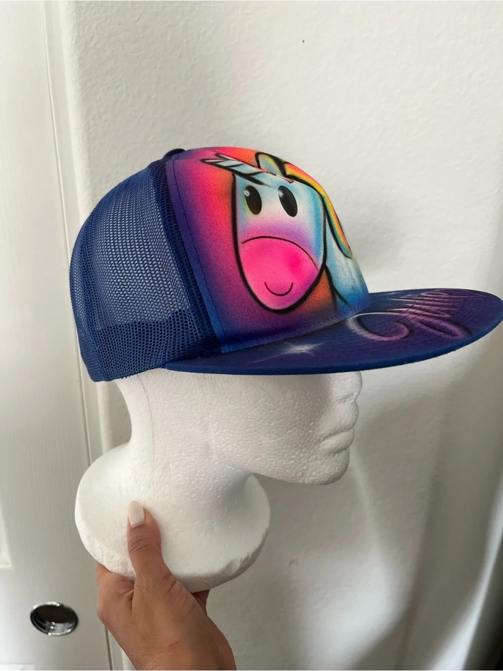 Custom Airbrushed Unicorn Trucker Hat “Julie” | Blue Snapback | One Size
